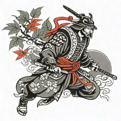 Black And Grey Samurai With Red Japanese Maple Leaves