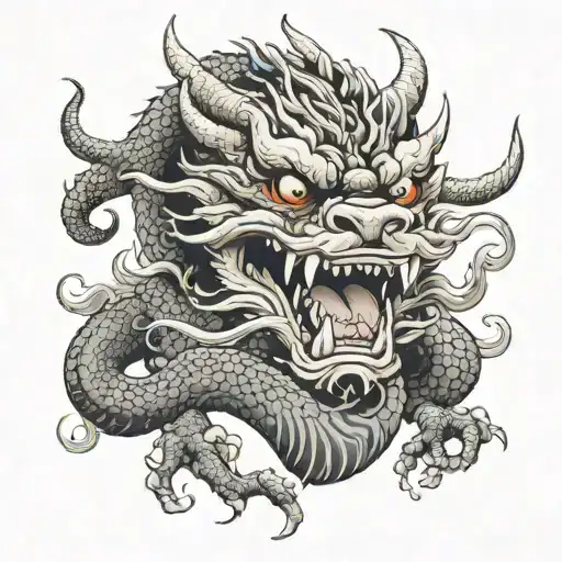 Japanese Dragon With 3 Pair Of Horns 6 Eyes And Angry Open Mouth With Long Tongue
