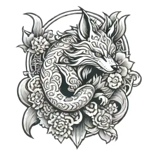 A Tattoo Of A 9 Tailed Fox With Oni Masks Surrounding It In A Gothic Style