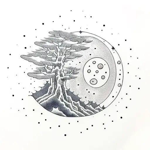 Big Tree In The Night Sky With A Moon And Shaped Stars