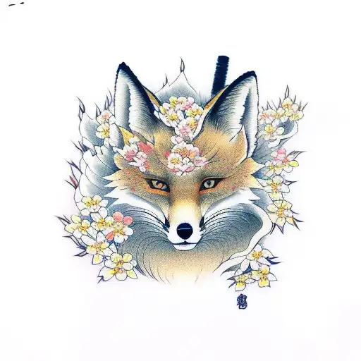 Kitsune Fox Under Cherry Blossom Tree