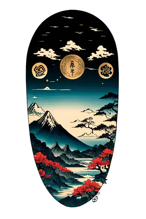 Mountain Scene Inspired Tattoo Featuring Symbols