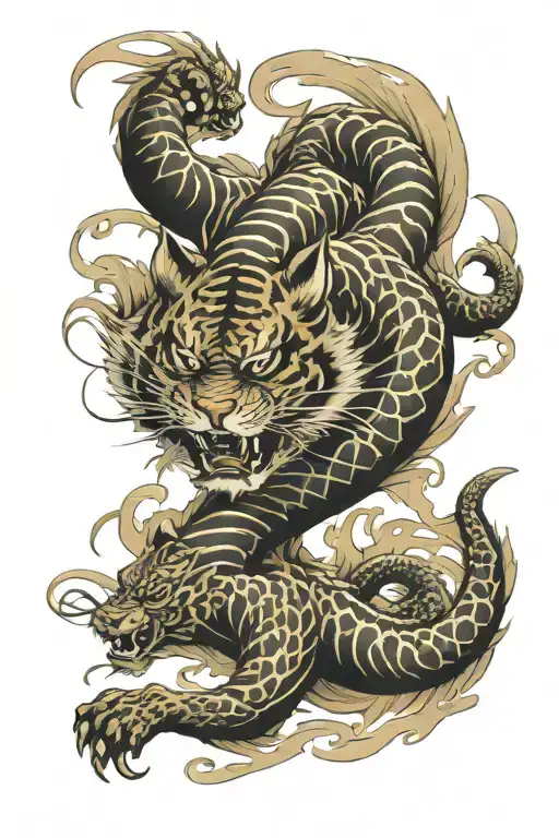 A Tiger And A Dragon Twisting Around The Arm