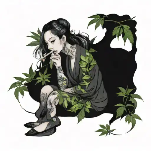 Gothic Woman Smoking A Blunt Surrounded By Weed Leaves