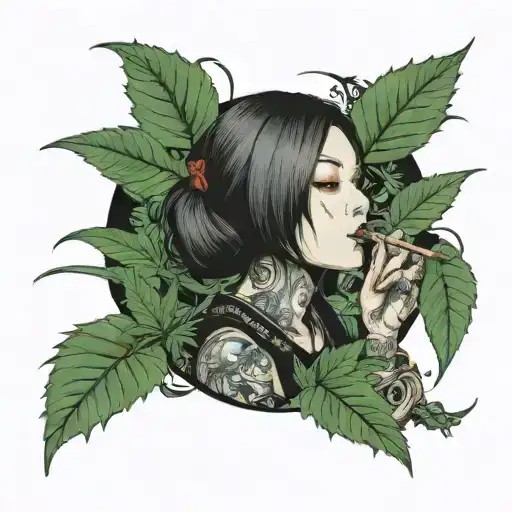 Gothic Woman Smoking A Blunt Surrounded By Weed Leaves