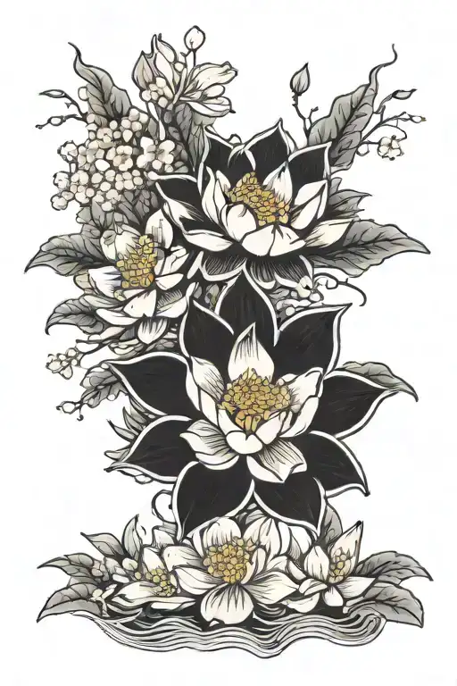 Black Lotus Flower With Cherry Blossoms And Trees