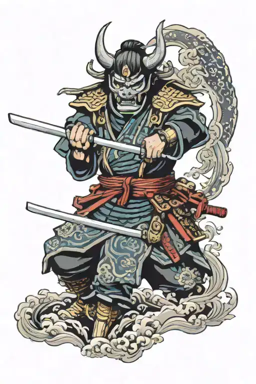 Samurai Soldier With Oni Mask Holding A Katana Sword