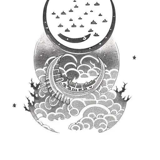 An Eerie Night Sky With A Whimsical Moon Reading A Book