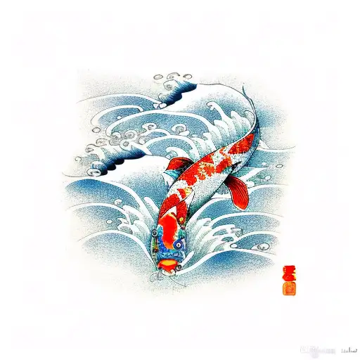 Koi Fish With Waves Japanese Style