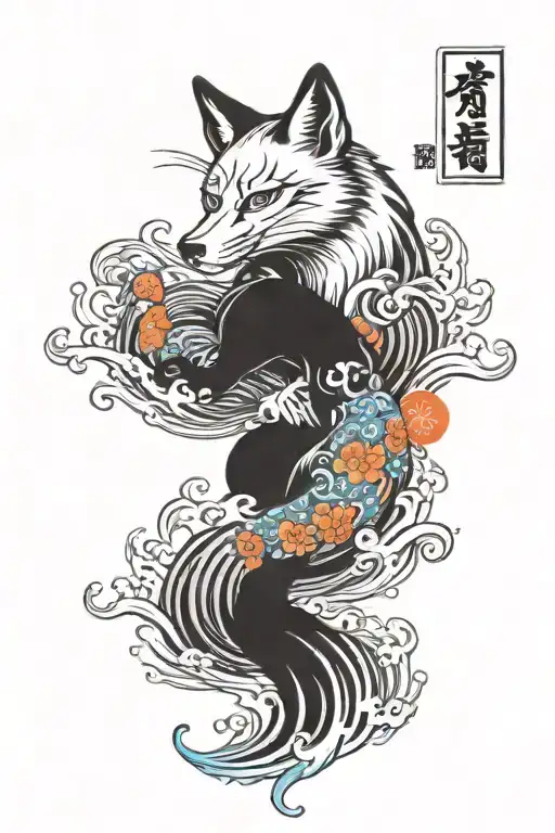 Yakuza Half Sleeve Tattoo With Fox And Japanese Water Waves Colorful