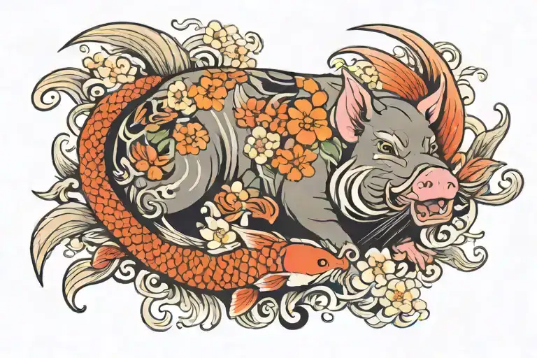 Lao Asian Pig And Koi Fish Surrounded