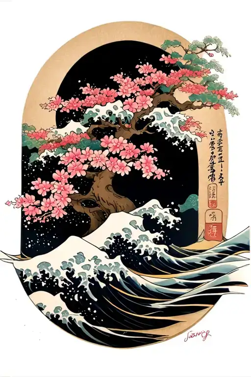 Japanese Waves With Sakura Tree