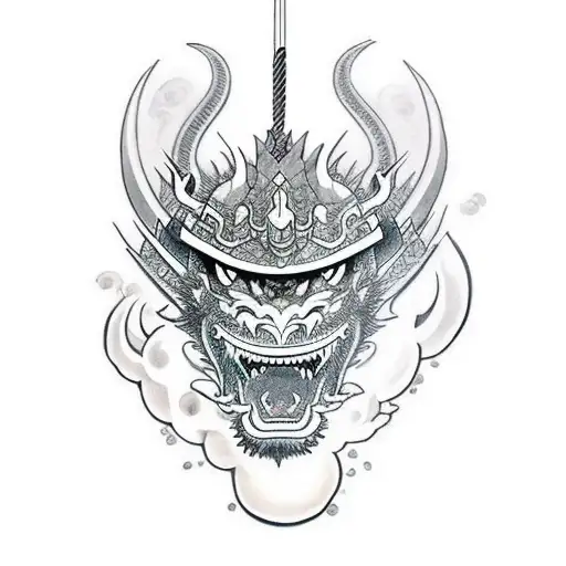 Samurai At War With A Dragon Spirit Coming Out Of His Chest With Smoke Around The Dragon