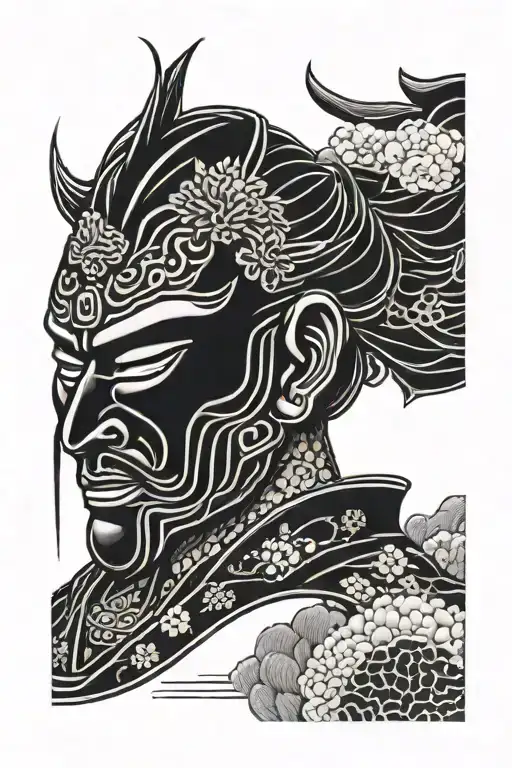 A Blackwork Design Of A Samurai Mask With Intricate Patterns