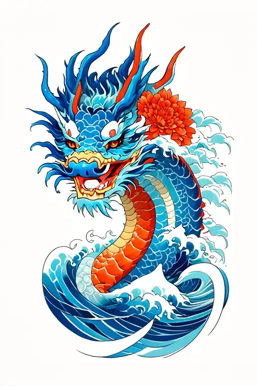 Half Uni Mask Half Dragon Emerging From Waves And Kinstugi Detailing In Blue With Chrysanthemum