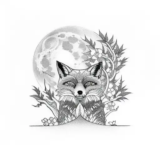Fox With Sakura And A Full Moon
