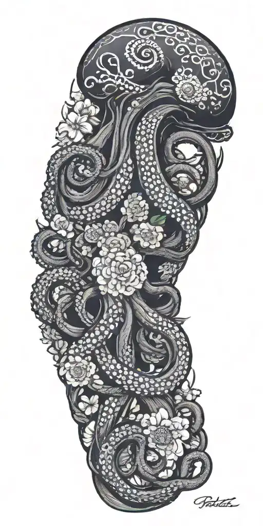 Goth Octopus Wrapped Around Flowers