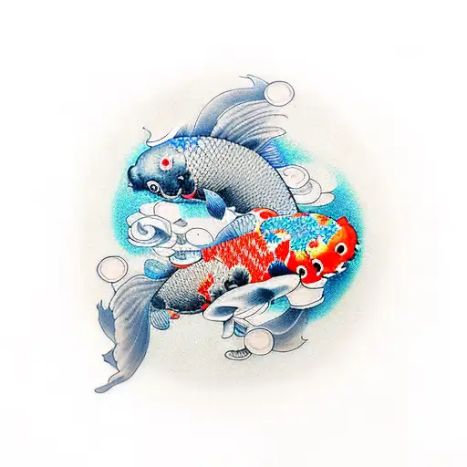 A Realistic Tattoo Of A Vibrant School Of Koi Fish Swimming Around A Video Game Controller