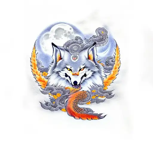 Nine Tailed Kitsune With Sakura And A Full Moon