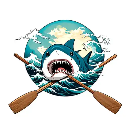 Shark In Front Of Crossed Rowing Oars With Waves Flowing