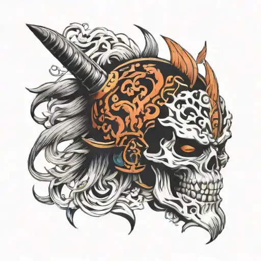 Shura Flame Skull Samurai Helmet And Oni Face In Front Position