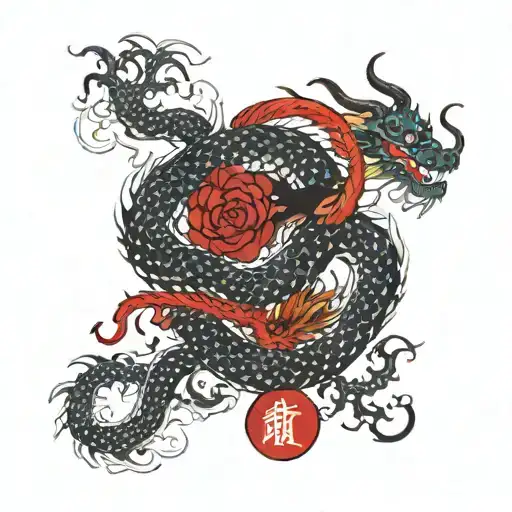 Two Chinese Dragons Black And Red Intertwined