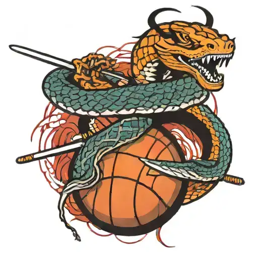 Basketball With A Sword Going Through It In A Japanese Style And A Snake Coiled Around The Sword