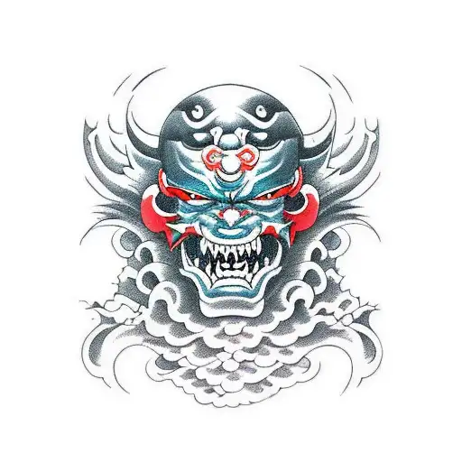 An Japanese Oni Mask Demon Surfing On A Wave In The Ocean