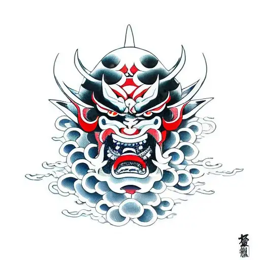 An Japanese Oni Mask Demon Surfing On A Wave In The Ocean