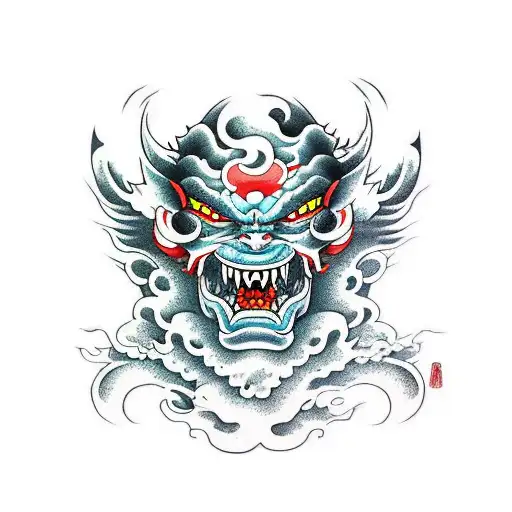 An Japanese Oni Mask Demon Surfing On A Wave In The Ocean