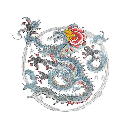 Dragon With Oni And Flowers