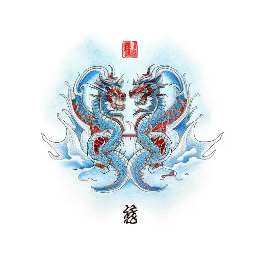 Dragon With Two Heads And In Color Blue And Red