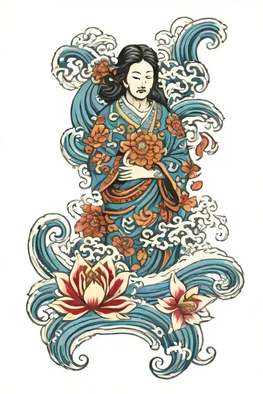 Japenese Flowers And Waves With The Sacred Heart Of Jesus Christ