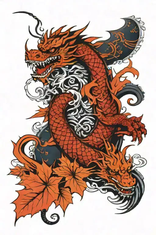 Dragon And Samurai With Koi Fish Swimming Up On Forearm And Maple Leaves Swaying In The Wind
