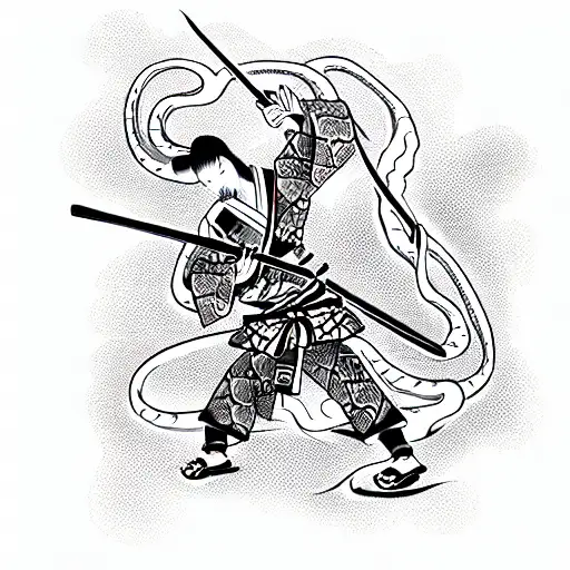 Samurai Fighting A Snake