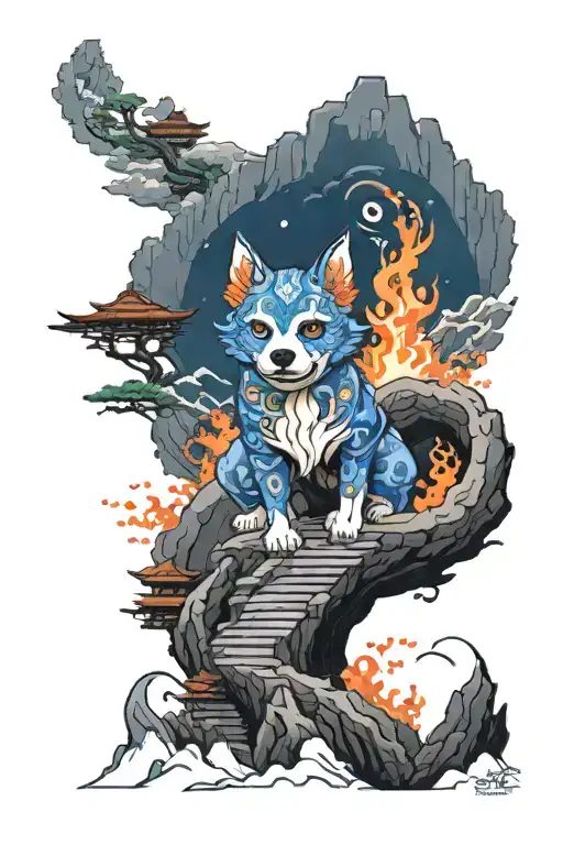 Legendary Elemental Fire Dog On Top Of Mountian Overlooking Town