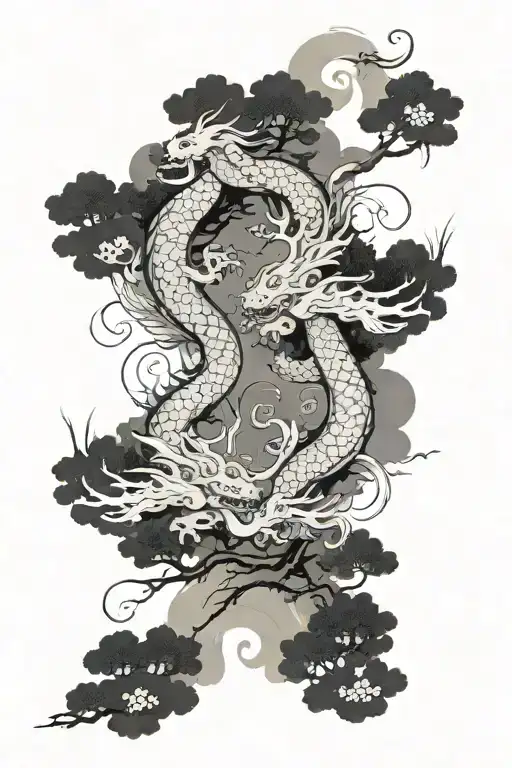 Twin Dragons Of Opposite Energies Flying Through A Spiritual Forest Into The Clouds