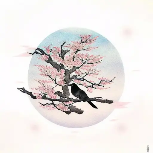 Cherry Blossom Tree With A Raven A Sun And Clouds