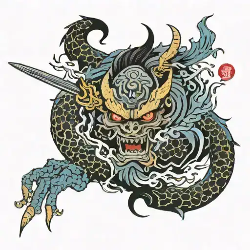 A Tattoo Of A Philosophical Quote Intertwined With Demons And Samurai Imagery