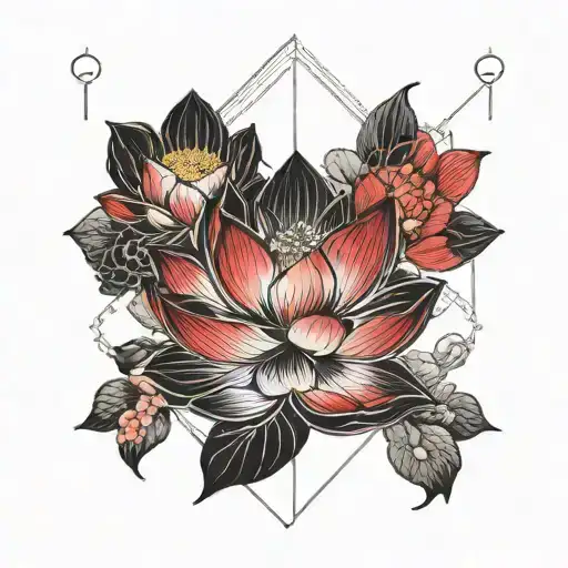 Lotus Flower Geometric Black Flowers Floating Symetrical Grid Lines