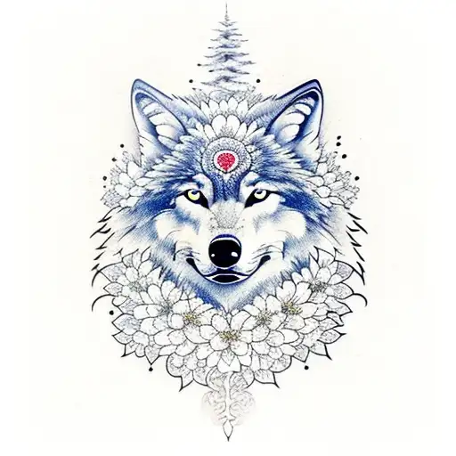 Wolf With Sakura Tree