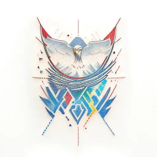 A Minimalist Tattoo Of A Basketball Merging With A Pixelated Eagle