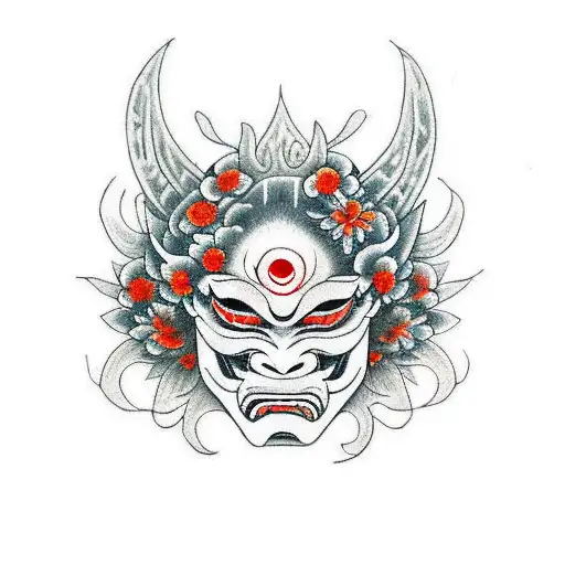 Oni Mask With Fire Colored Flowers