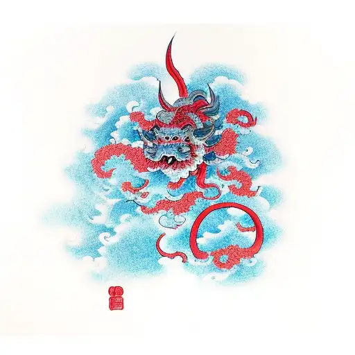 Complete Red Japanese Cloud With Oni