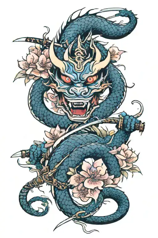 Dragon And Cherry Blossoms Wrapped Around A Katana And An Oni Mask Underneath