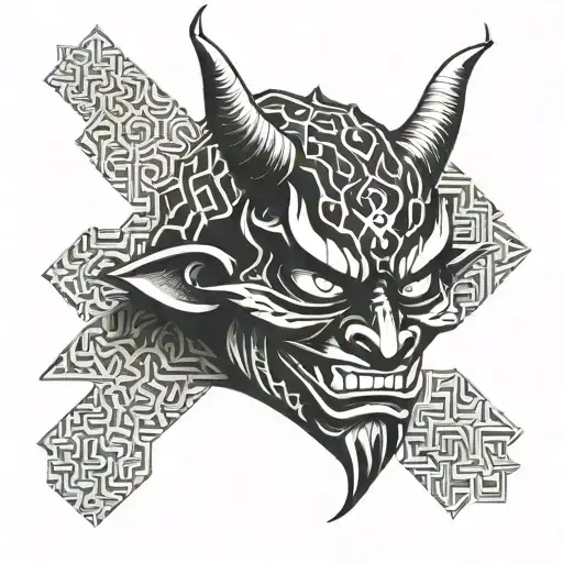 Oni Demon Mask Behind A Hex Pattern Forming The Shape Of A Diamond