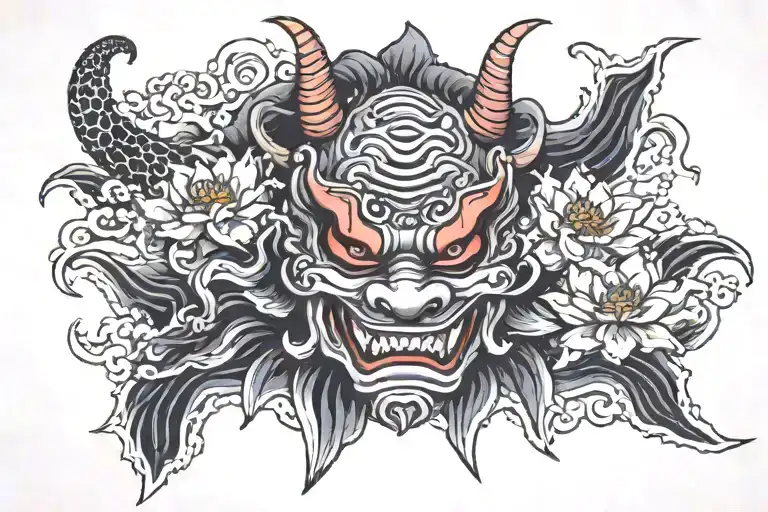 An Oni Mask And Lotus Flower With Dragon And Great Wave In Between