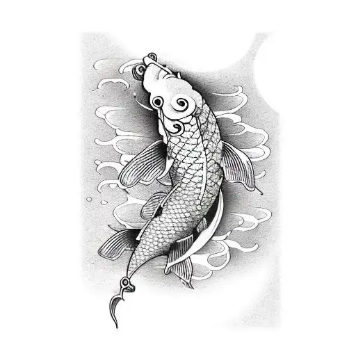 Outlined Koi Fish With Cresent Moon