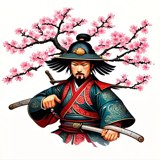 Samurai In Colour With Cherry Blossom Tree