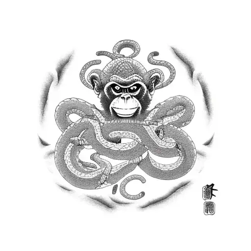 Monkey Carrying Japanese Garden Inside Ouroboros Snake